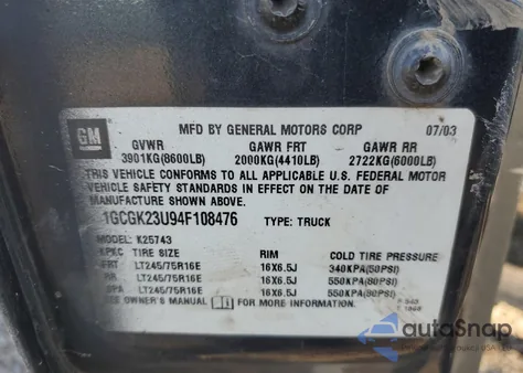 2004 GMC Sierra K2500 Crew Cab z USA, uszkodzony, nr VIN 1GTGK23U94F108476